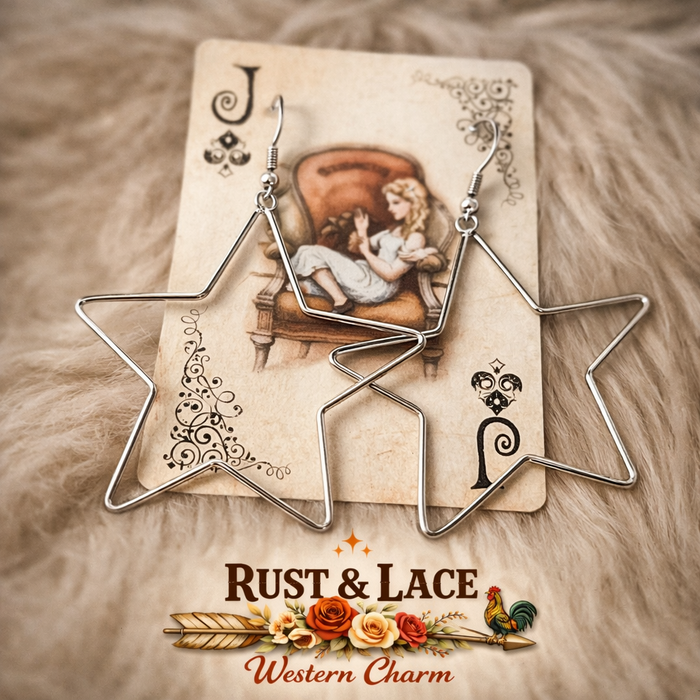 Star-shaped earrings on a playing card with 'Rust & Lace' branding.