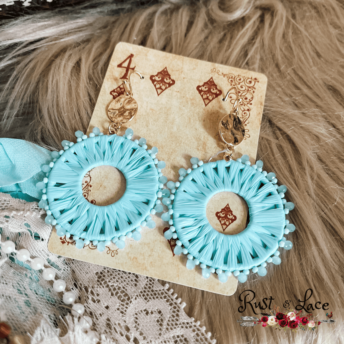 Blue Raffia Wrapped Earrings