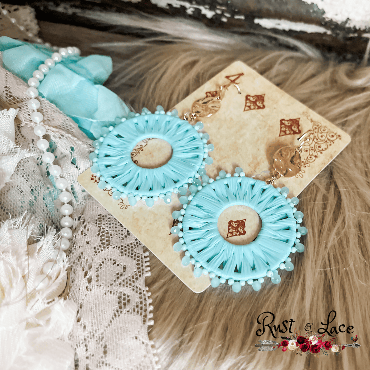 Blue Raffia Wrapped Earrings