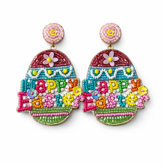 Colorful Easter egg-shaped earrings with 'Happy Easter' text on a white background